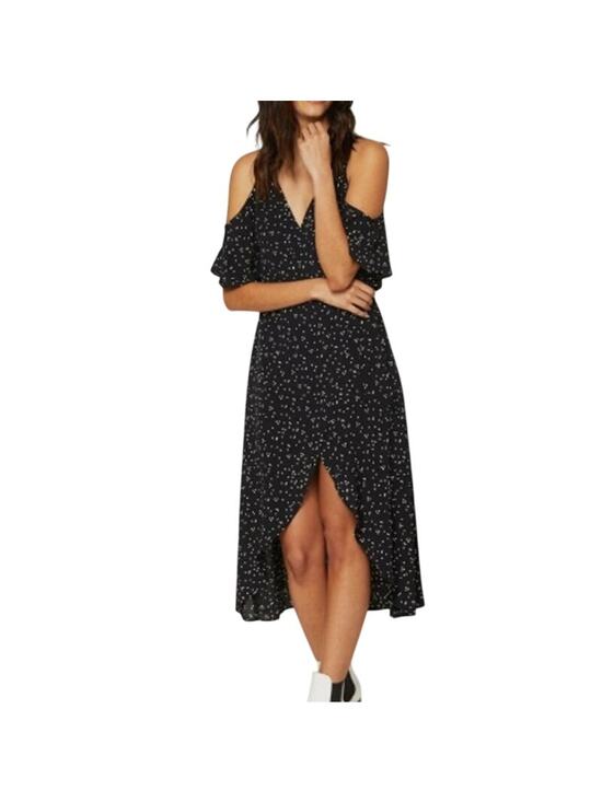 Flynn Skye Dresses & Skirts - Flynn Skye Devon Wrap Dress Women's M Black White Polka Dot Cold Shoulder NWT
